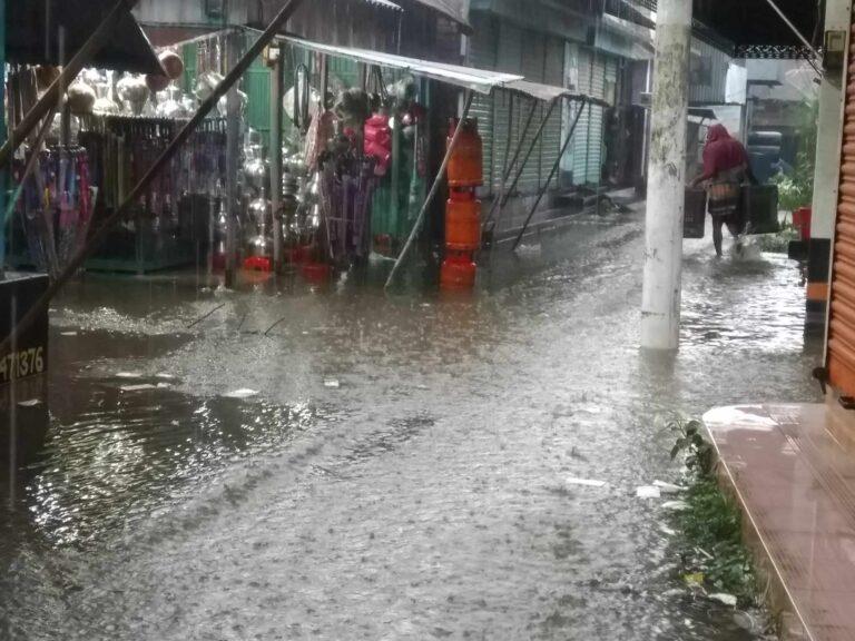 রাজবাড়ীর গোয়ালন্দ উপজেলার দৌলতদিয়া বাজার বৃষ্টির পানিতে ডুবে গেছে।