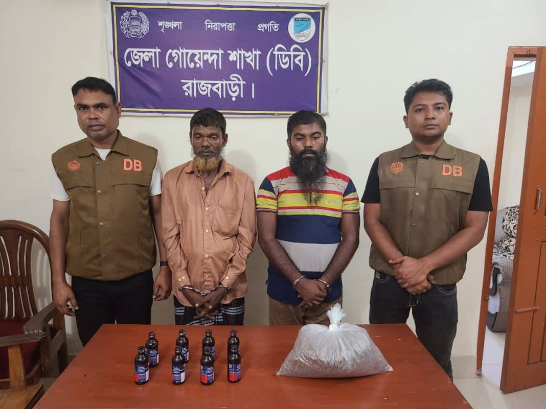 রাজবাড়ী জেলা গোয়েন্দা শাখা'র অভিযানে ৮ বোতল ফেন্সিডেল ও ১ কেজি গাঁজা উদ্ধারসহ মোঃ শামছু মন্ডল(৫০)ও মোঃ রাজিব হোসেন (৪২) নামে ২ জন কে গ্রেফতার করা হয়েছে ।